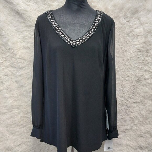 Alex Evening Tops - Alex Evening Women's Black Chiffon V-Neck Blouse Top Size XL